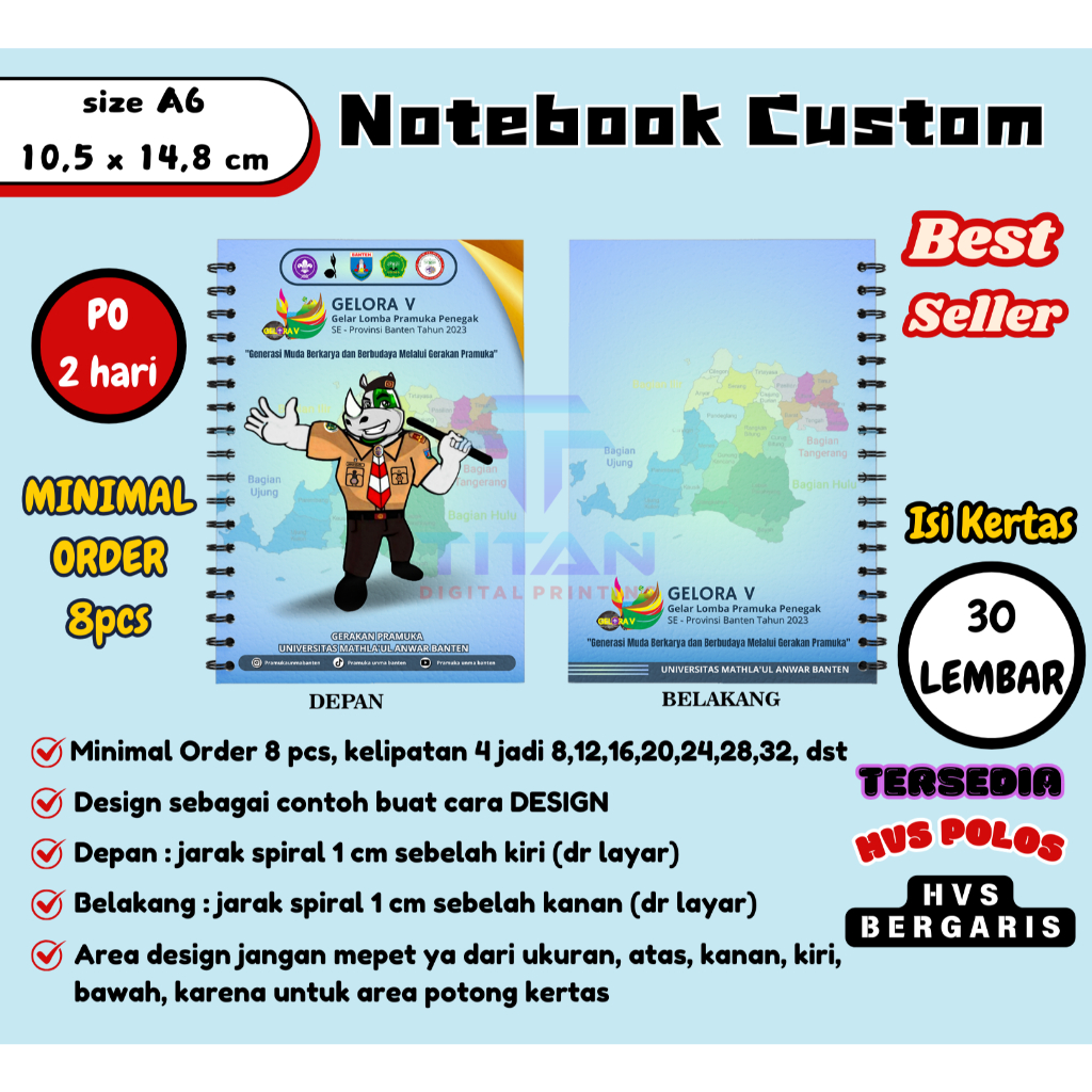 

Notebook/notes spiral custom A6 isi 30 lembar garis/polos min 8 pcs