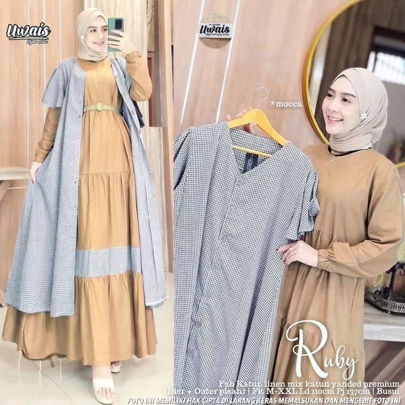 Gamisonlinemurah Ruby Set Gamis Wanita Model Kekinian Bahan Katun Rayon Mix Katun Linen Casual Dress