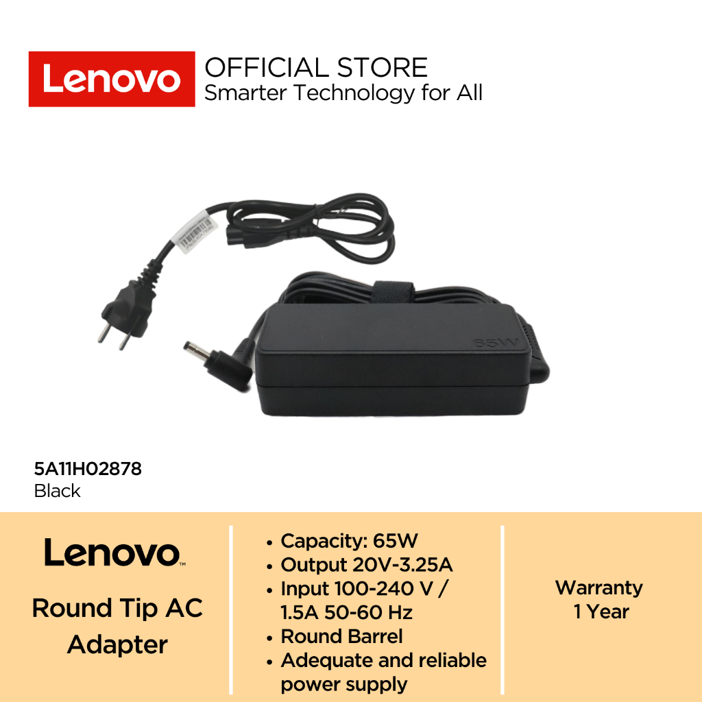 Lenovo 65W Round Tip 3Pin AC Adapter Black 20V 3.25A Garansi Resmi 5A11H02878 Charger Adaptor Laptop