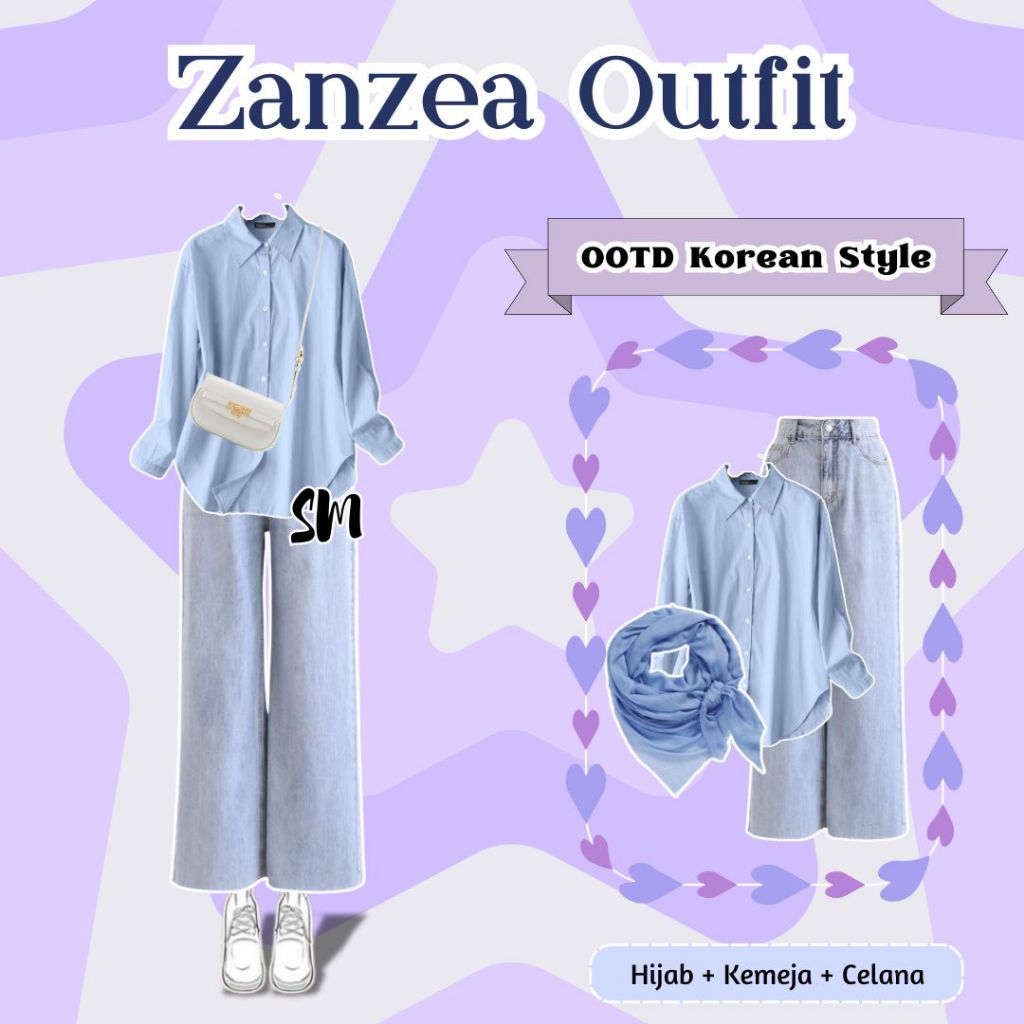 SM - Zanzea Outfit 3in1 ( Hijab + Kemeja + Celana ) OOTD Korean Style