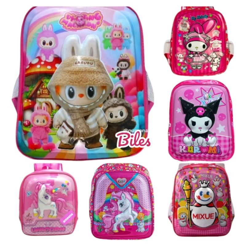 BONUS ALAT TULIS Tas anak sekolah TK gambar timbul 3D led nyala untuk anak perempuan tk