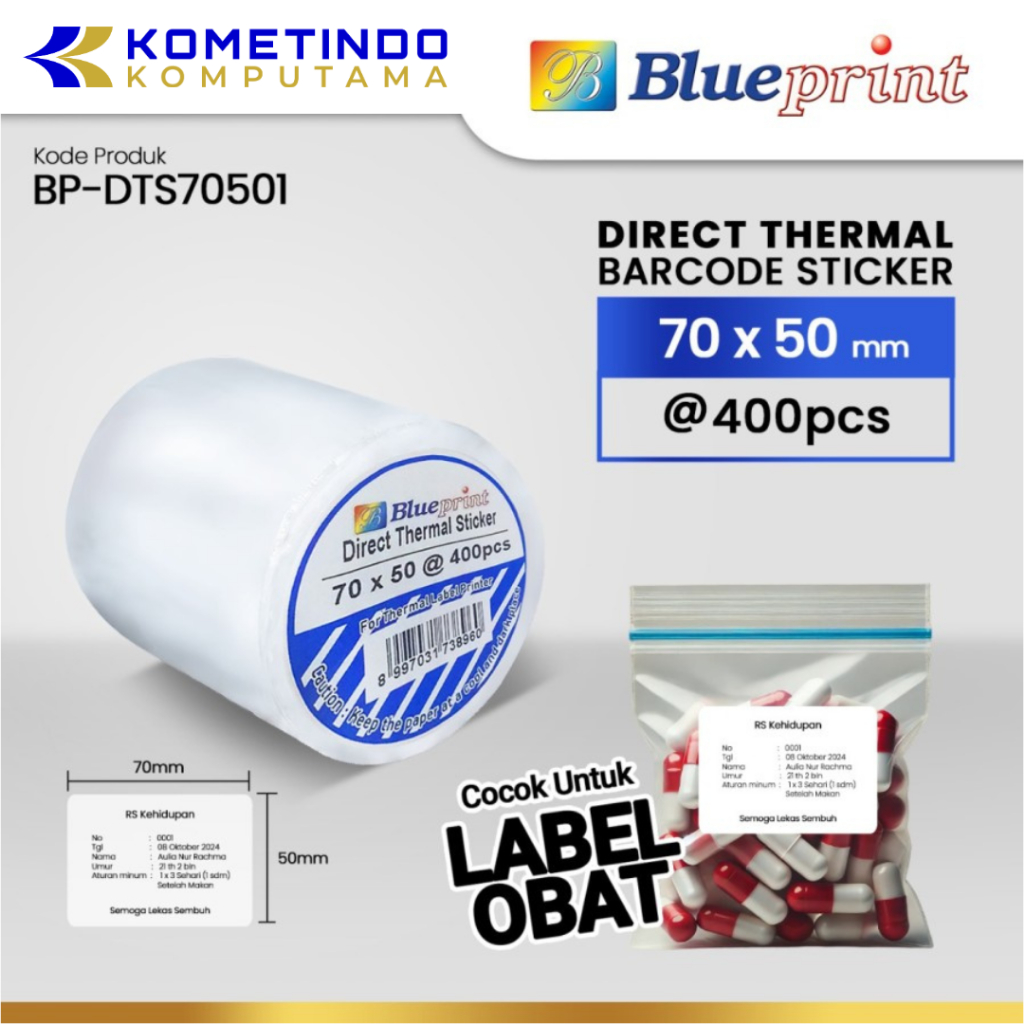 

70x50x1 Line isi 400Pcs BLUEPRINT Sticker label Barcode - Cocok untuk Label Obat - Direct Thermal Sticker 70x50mm 1 Line isi 400Pcs - BP-DTS70501