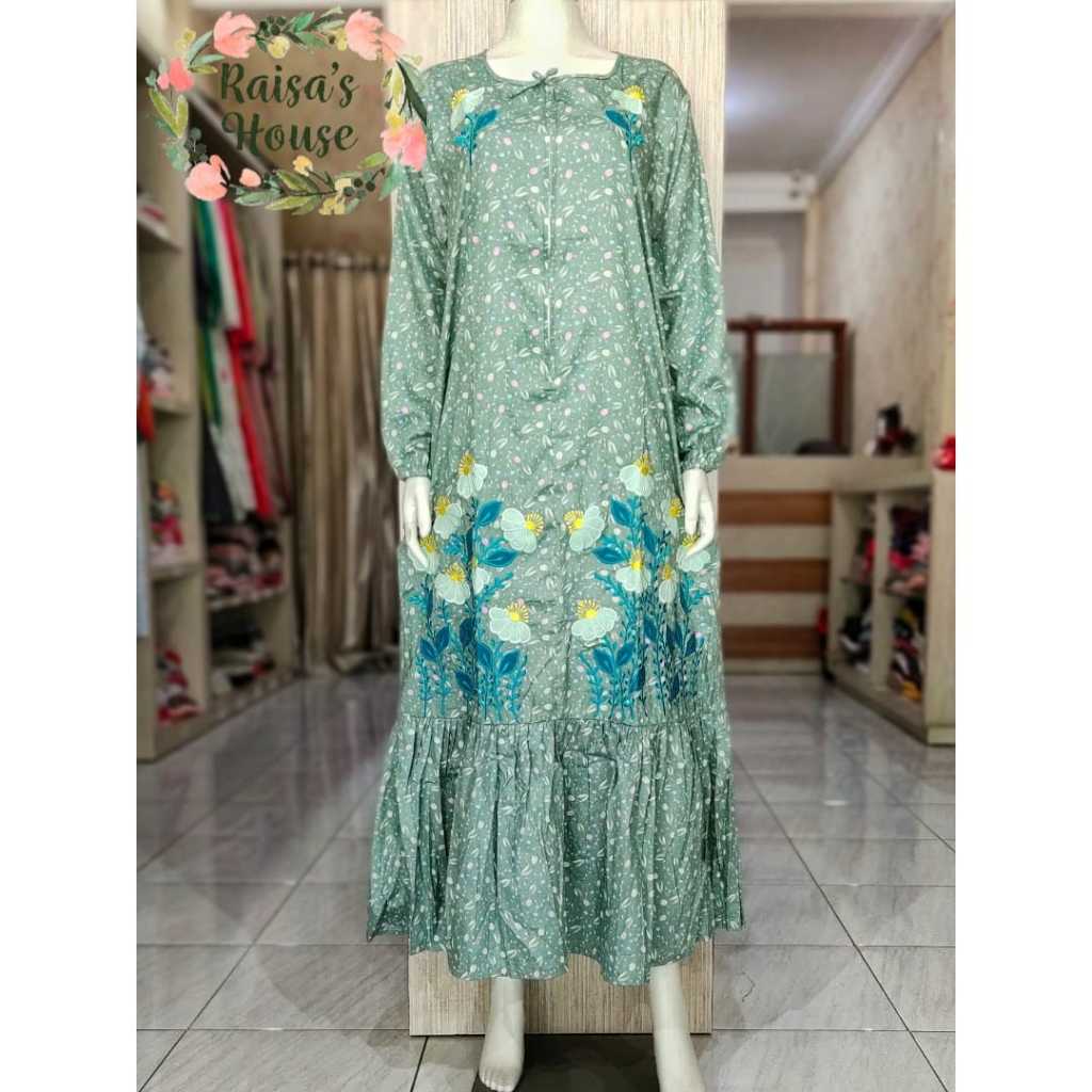 DASTER LONGDRESS BORDIR KHAS MALANG - LENGAN PANJANG - REMPEL BAWAH | TULIP - HIJAU