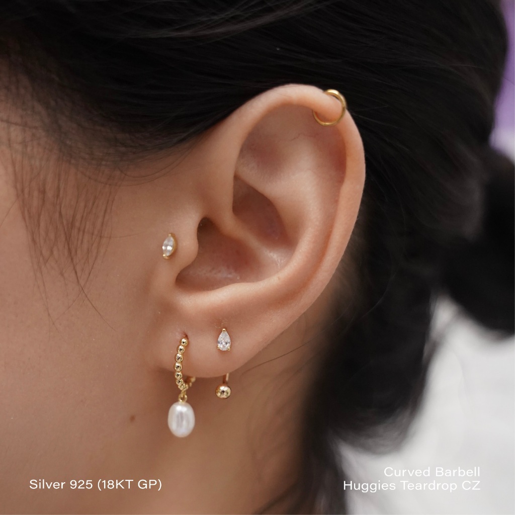 Anting Silver 925 - 18K Emas Lapis Curved Barbel Huggies [Tindik ID]