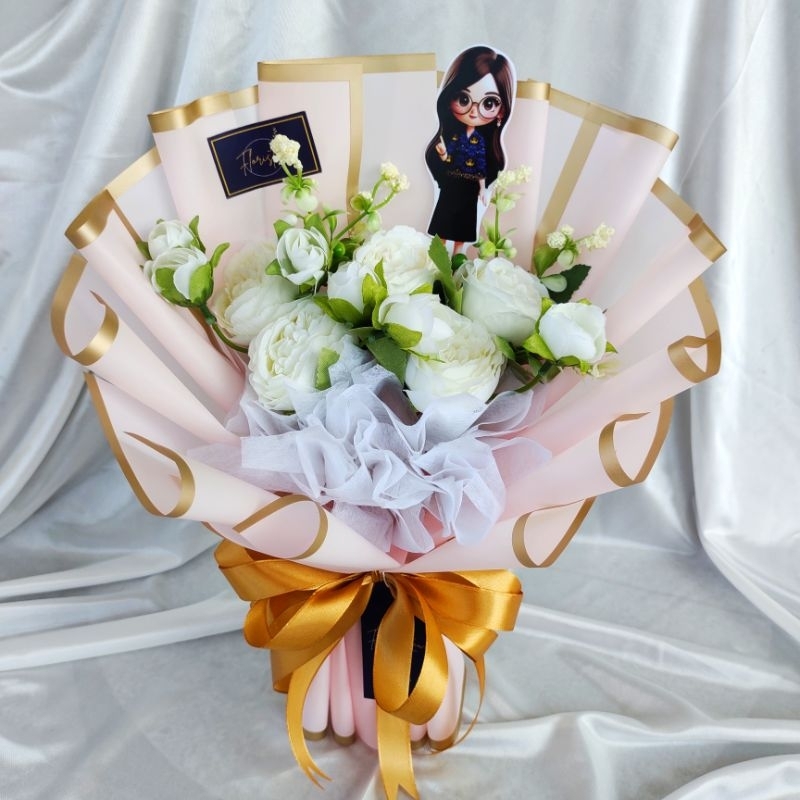 ANINDYA BUKET HARI GURU - BUKET GURU BUNGA PUTIH KERTAS PINK - TOPPER GURU KECIL NON-HIJAB BATIK BIR