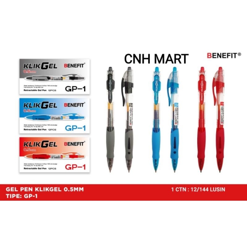 

12 Pcs Balpen - Pena Klik - Pena Cetek GP - 1 Benefit 0.5 MM Warna Hitam