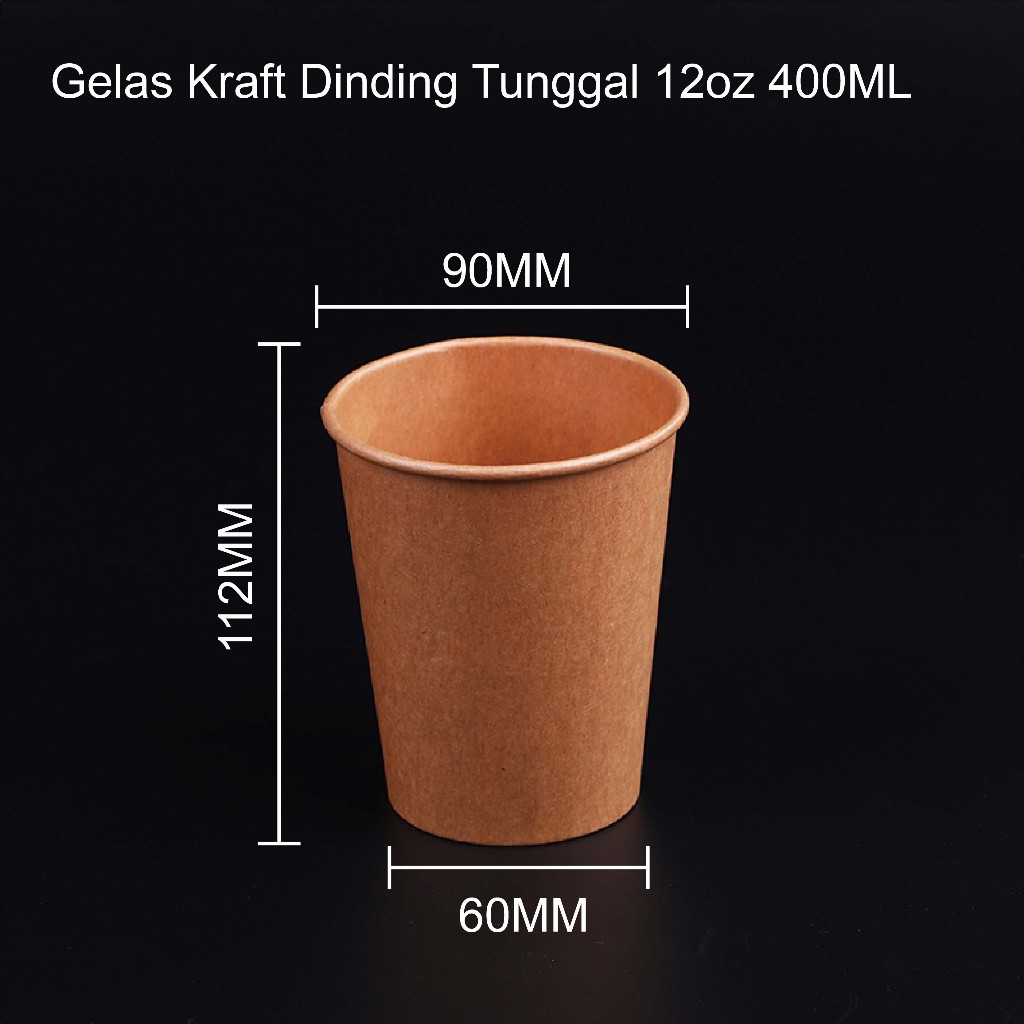 [50PCS]Paper cup Kraft Single Wall 12oz(400ml )+Tutup / Gelas Kertas Kraft  12oz / Heat Resistant Pa