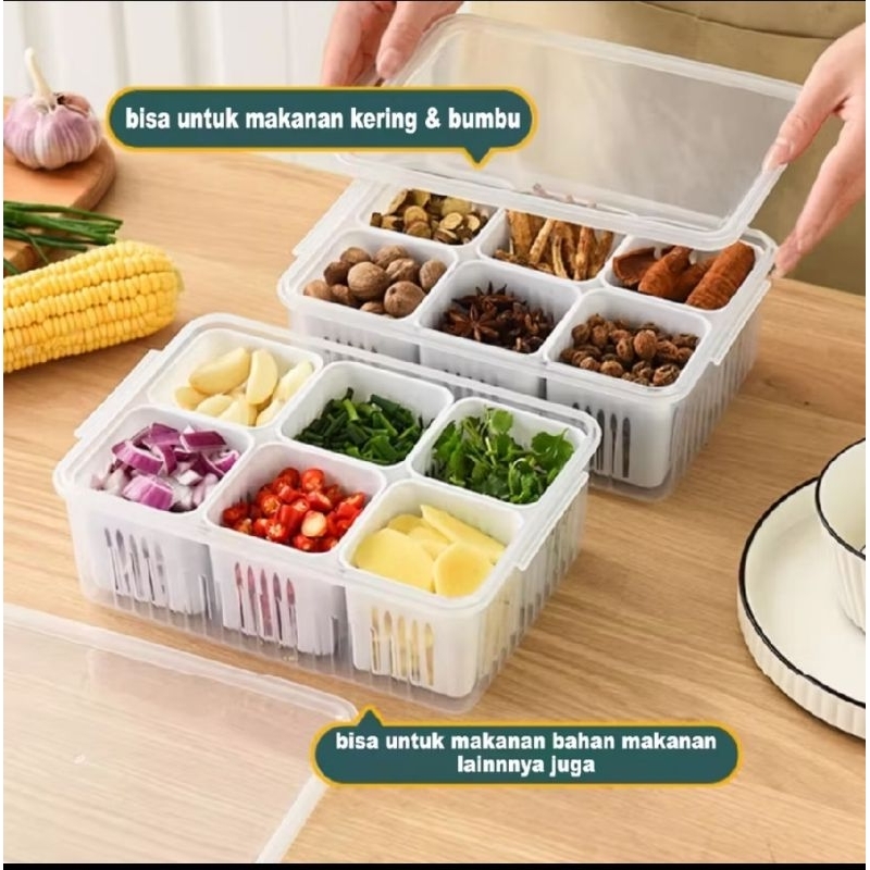 Kotak/Rak Penyimpanan Sayur Cabe Kontainer Kulkas dengan Saringan Wadah Penyimpanan Kulkas 6 Sekat
