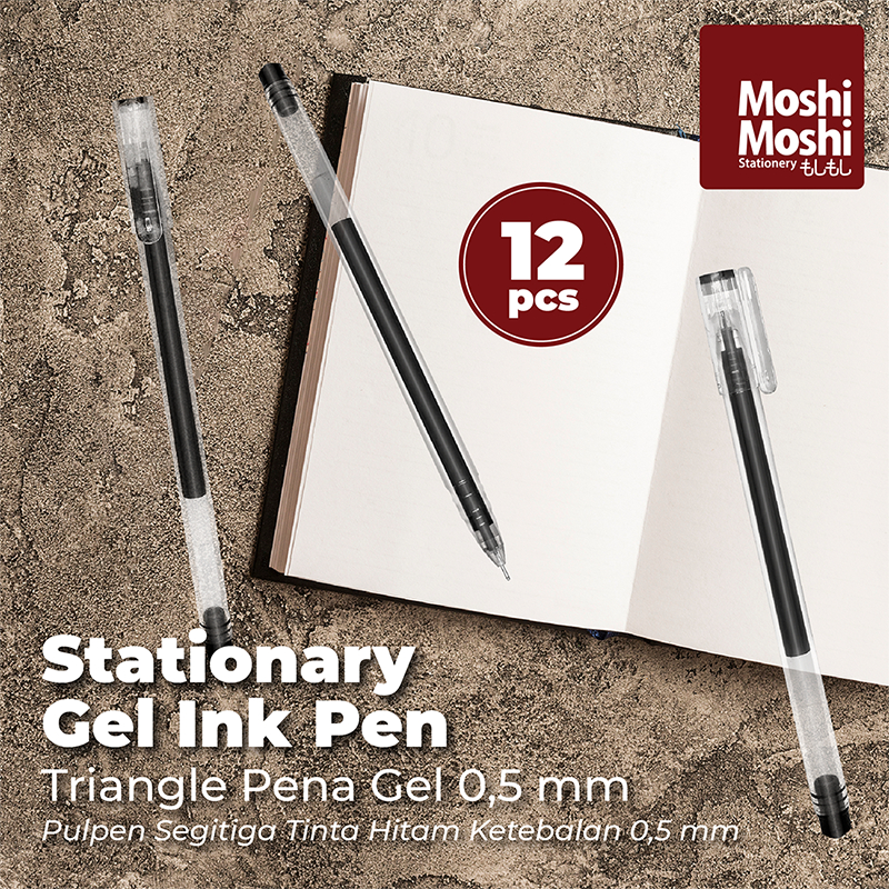 

12 PCS Triangle Gel Ink Pen Stationary 0,5 mm Pena Segitiga Peralatan Tulis Pulpen Saku Tinta Hitam