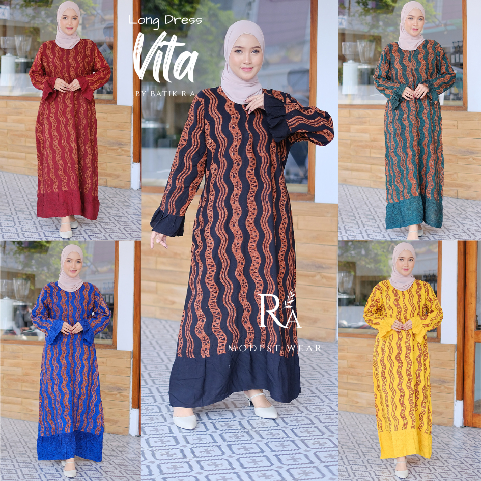 Long Dress Lengan Panjang Motif Batik VITA Rayon Cap Premium Busui Jumbo