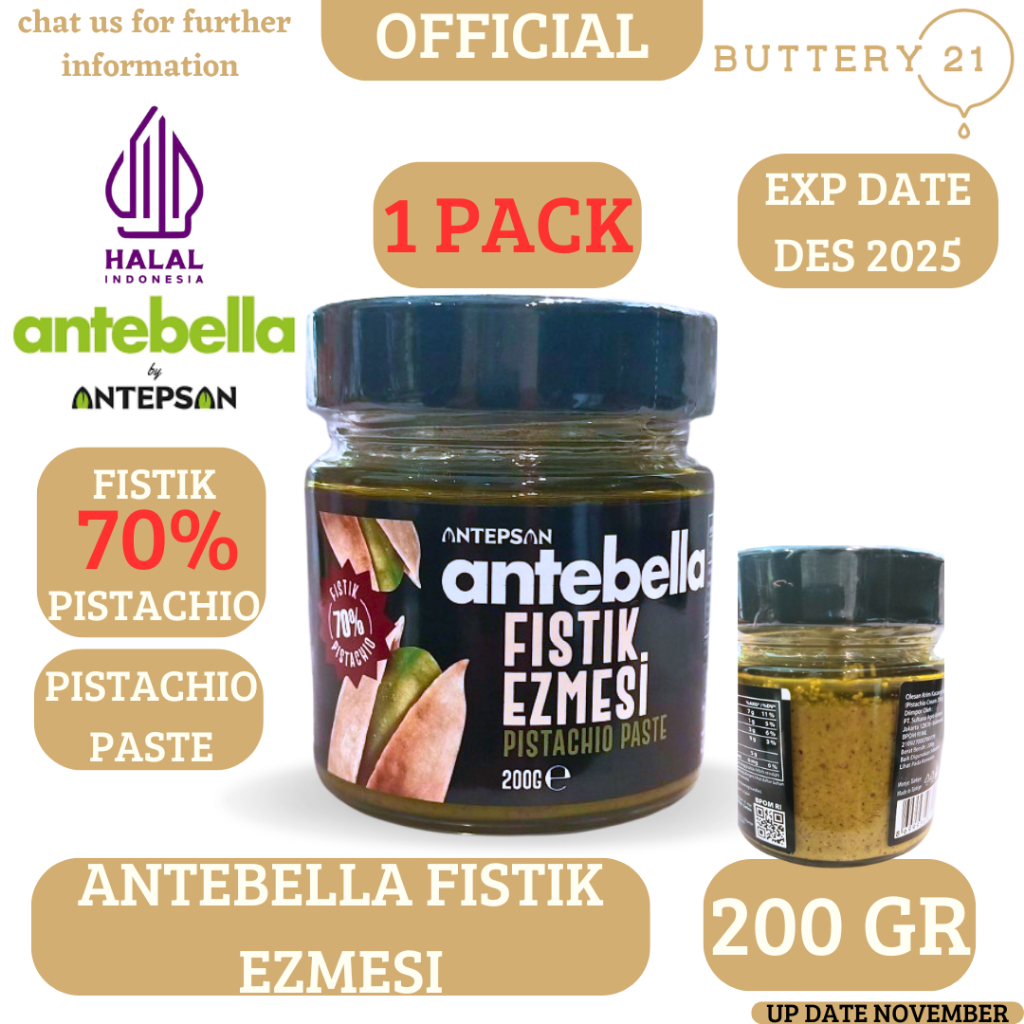

SELAI ANTEBELLA 70% FISTIK KREMASI PISTACHIO PASTE 200 GR/SELAI KACANG PISTACHIO KRIM
