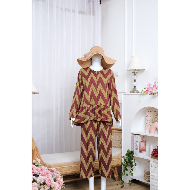 PAJAMAS RUFFLE LENGAN PANJANG CELANA PANJANG Brown || HOMEDRESS || DASTER BUSUI || DASTER KEKINIAN