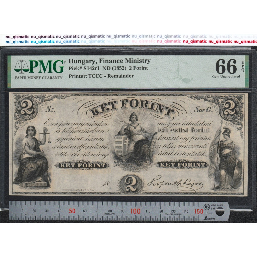 Uang LANGKA Hungary 2 Hungaria 2 Forint , 1852 , PMG 66 EPQ Gem UNC P# S142r1
