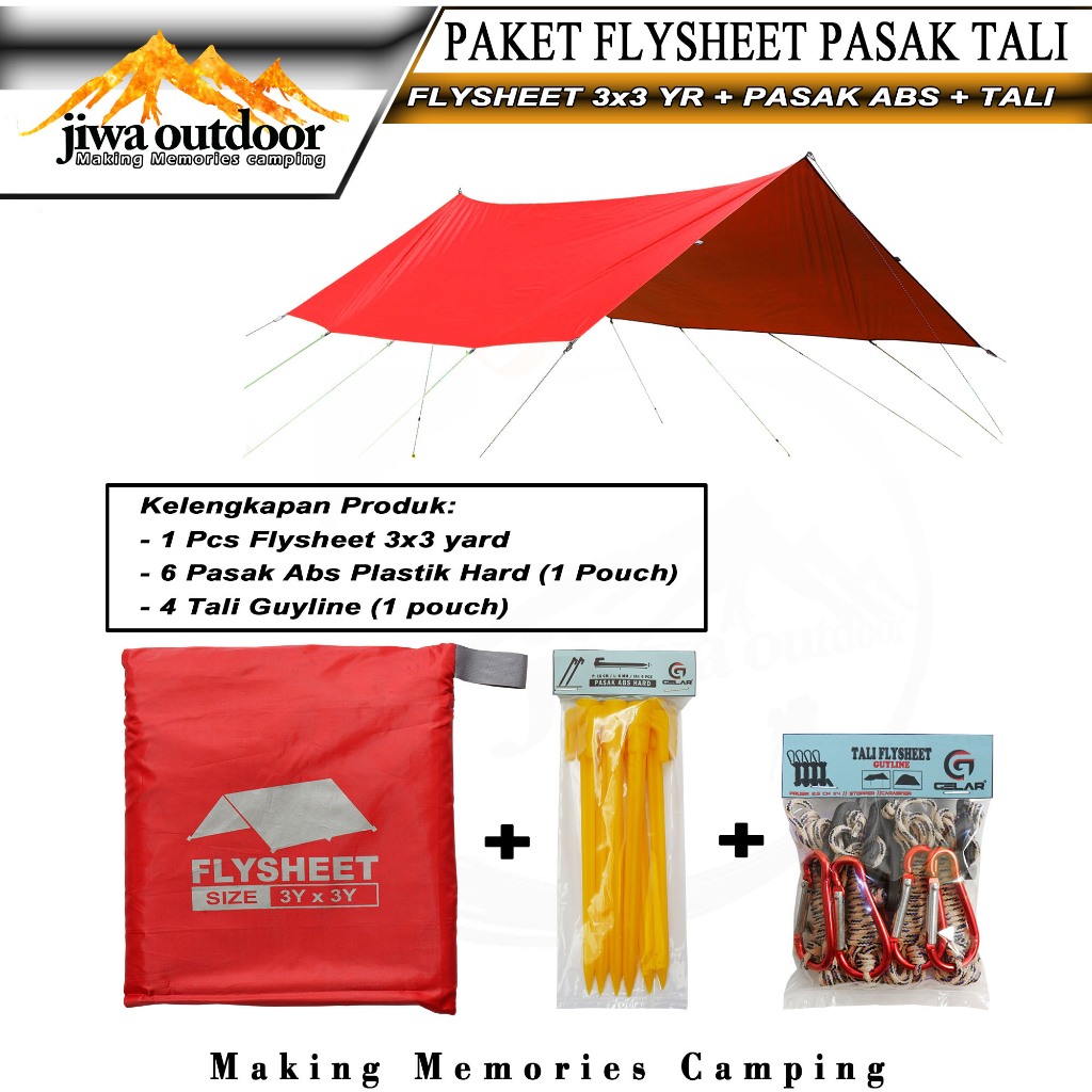 paketan flysheet 300 x 300 + 6 pasak abs + 4 tali guyline flysheet set waterproof atap tenda outdoor