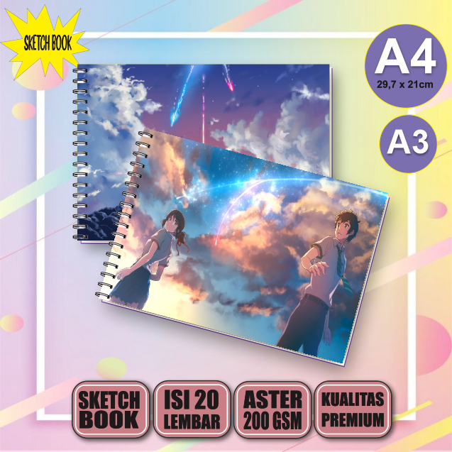 Buku Gambar Vertikal Jilid Spiral A4/a3 Sketchbook Your Name, 20 Lembar/40 Halaman, 200gsm