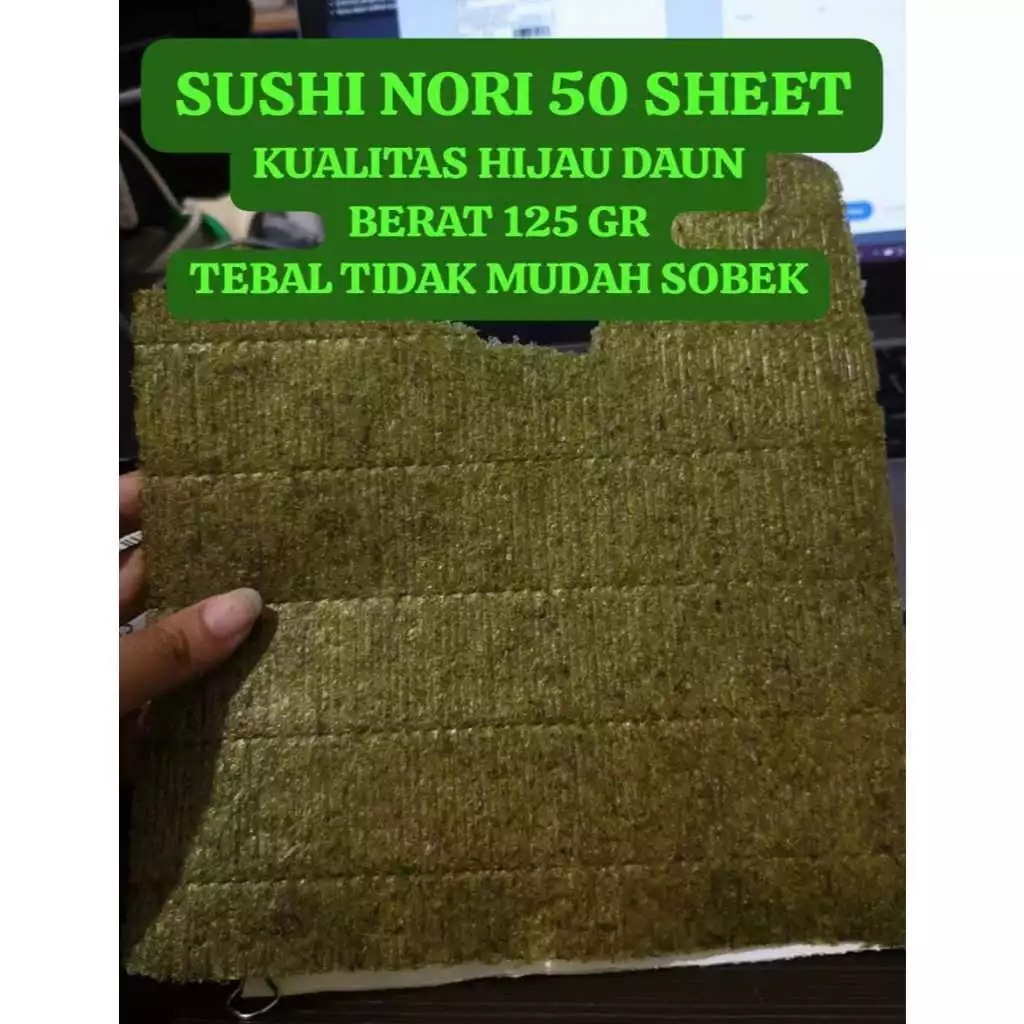 

SUSHI NORI 50 SHEET (NC) NORI SUSHI NORI 50 LEMBAR DRIED SEAWEED RUMPUT LAUT HIJAU DAUN HIJAU GELAP HALAL