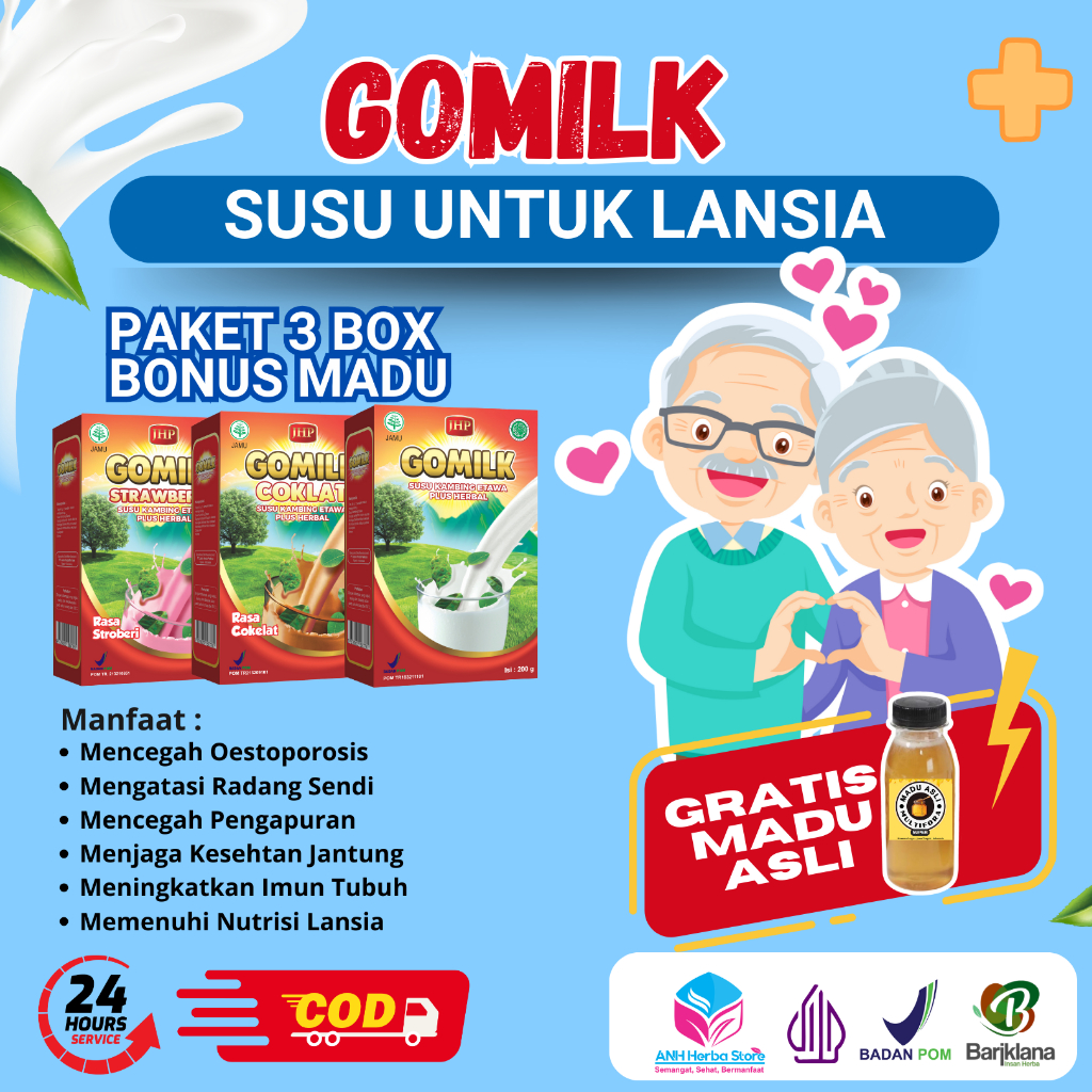 

[ PAKET 3 BOX GOMILK BONUS MADU ] [ BISA COD + GARANSI ] GOMILK Susu Kambing Etawa Plus Herbal Untuk Lansia Mencegah Oestoporosis