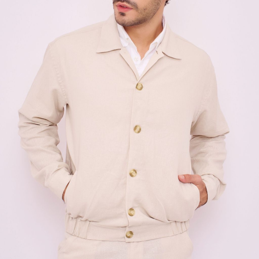 REMEDY Jaket Bomber Linen Pria Warna Cream - Aneto Linen Bomber Jacket