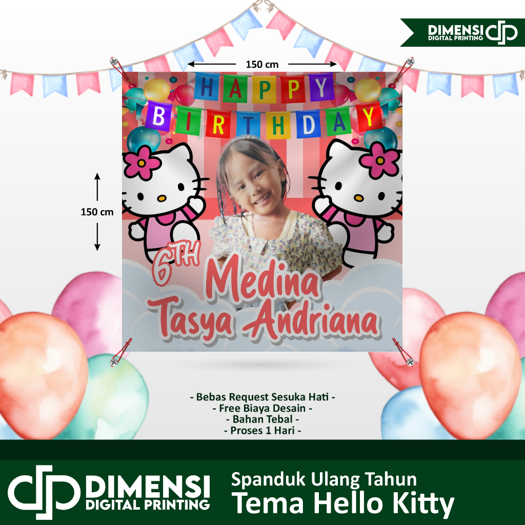 SPANDUK ULANG TAHUN TEMA HELLO KITTY / SPANDUK ULTAH ANAK ANAK / SPANDUK HELLO KITTY