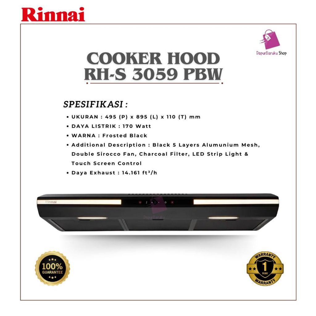 Slim Hood RINNAI RHS 3059 PBW / RHS3059-PBW / RHS-3059-PBW BLACK