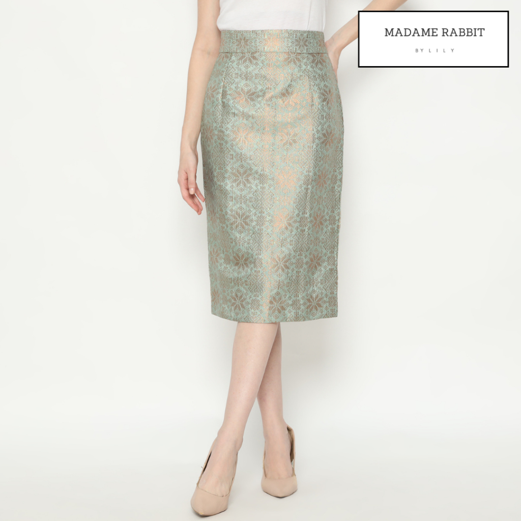 Rok Pesta Hijau Madame Rabbit Midi Sage Songket Halus Jahit Berkualitas