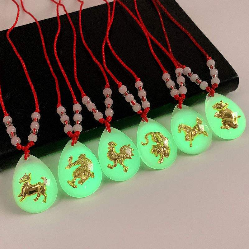 Kalung Model Batu Giok Menyala Dalam Gelap 12 Shio Buddha Guan Yin Kwan Im 12 Zodiac Character Red C