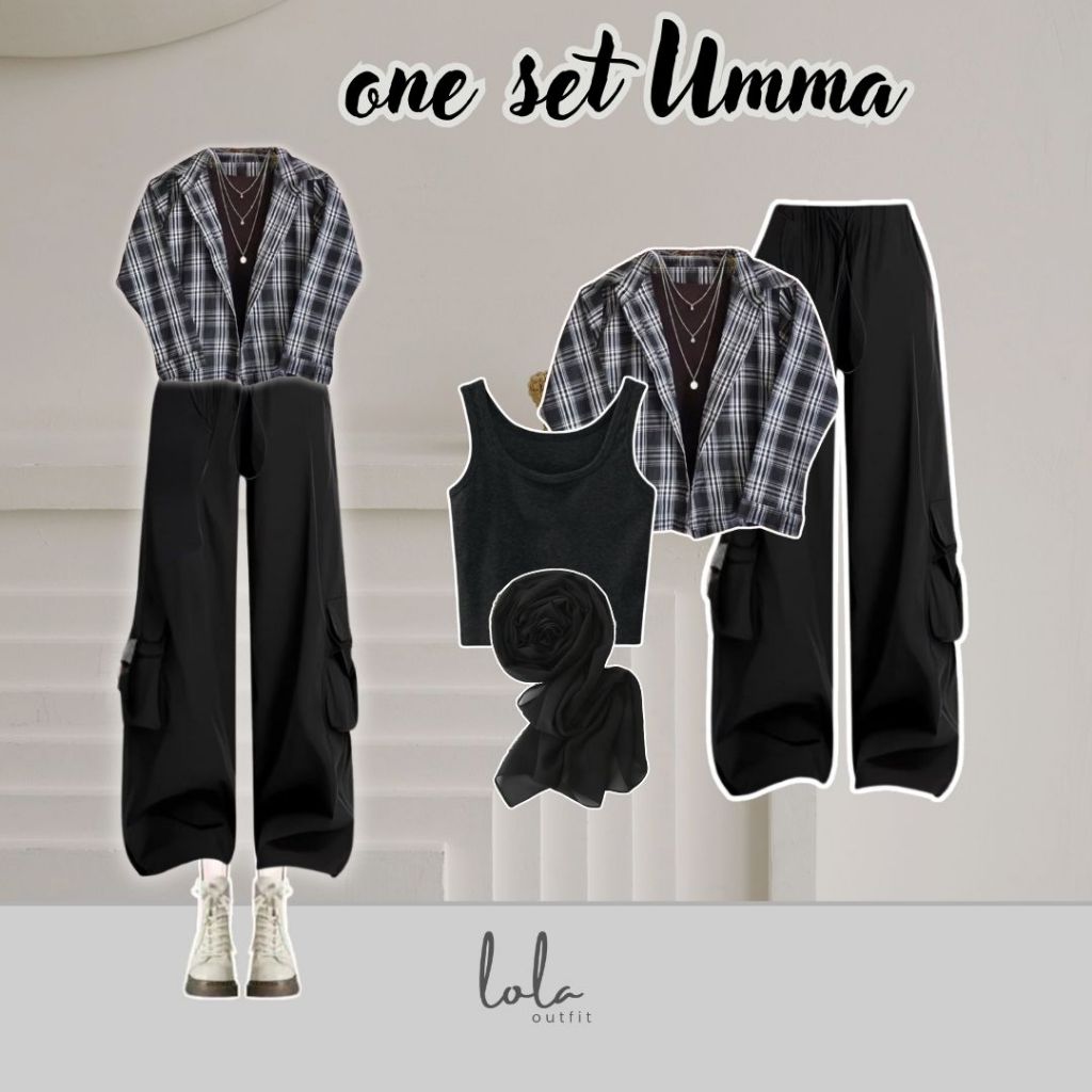 One Set Umma (Hijab, Tanktop, Kemeja, Celana) One Set Wanita Celana Hijab OOTD Kemeja Kotak Premium 