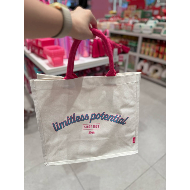 READY STOCK MINISO X BARBIE TOTE BAG HAND BAG TAS JINJING WHITE PINK LIMITLESS POTENTIAL