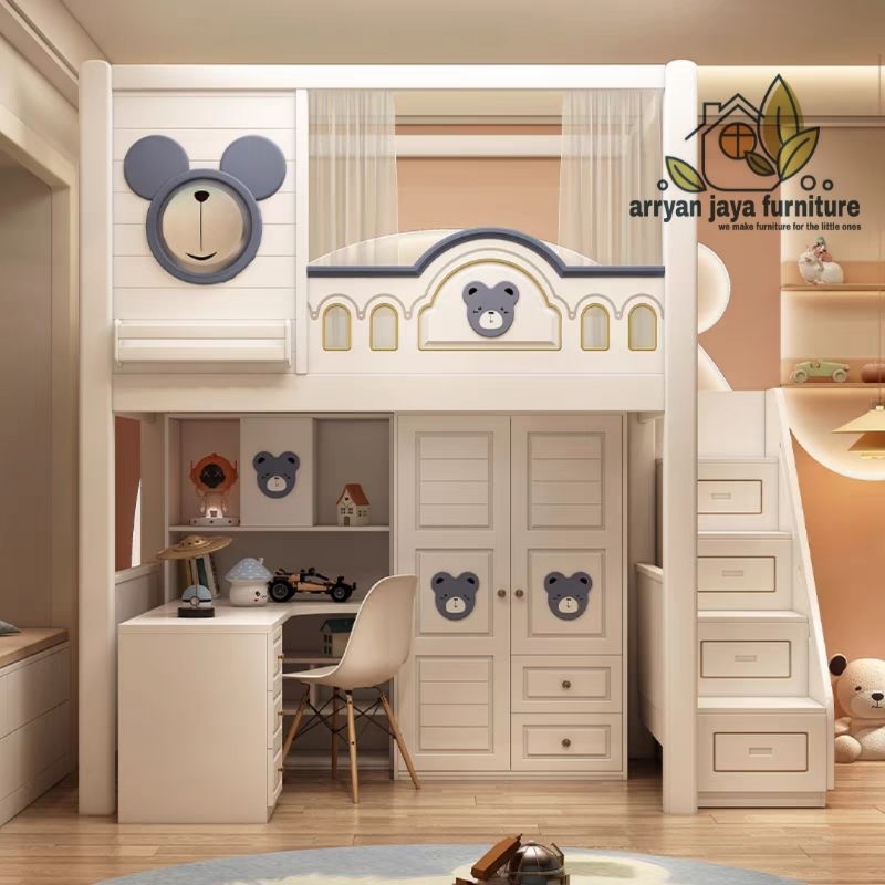 tempat tidur tingkat set lemari dan meja belajar custom