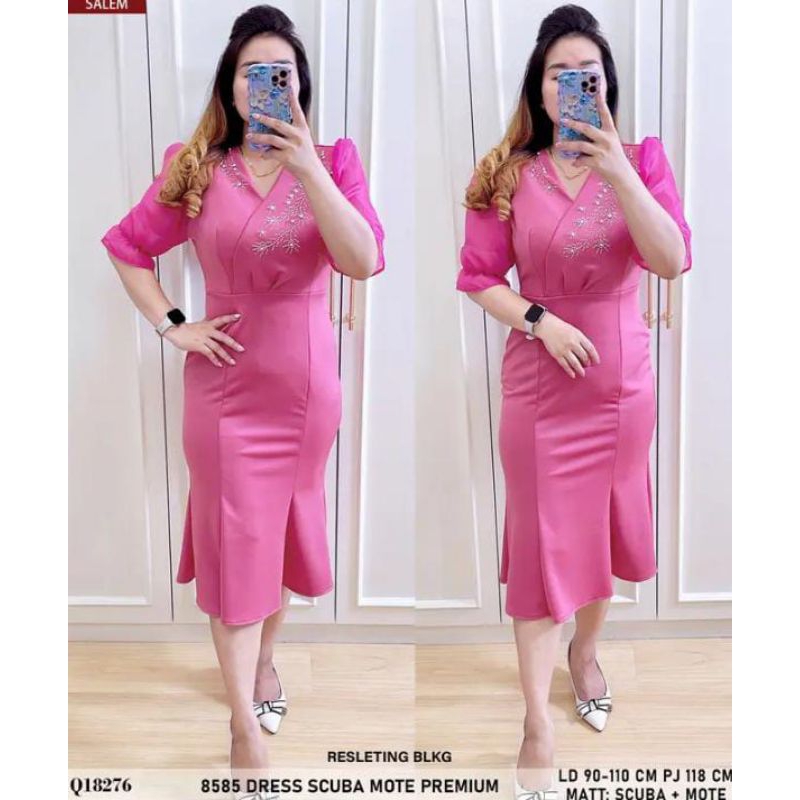 MIDI DRESS SCUBA TEBAL MIX BROKAT KERAH V  SIZE STANDAR WARNA HITAM KUNING NAVY PINK BIRU MERAH BAHA