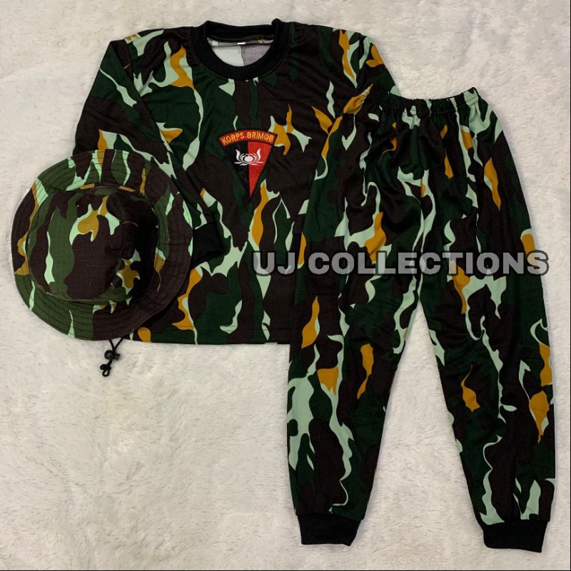 Setelan kaos anak panjang loreng brimob free topi rimba - Baju setelan anak loreng satu set kids arm
