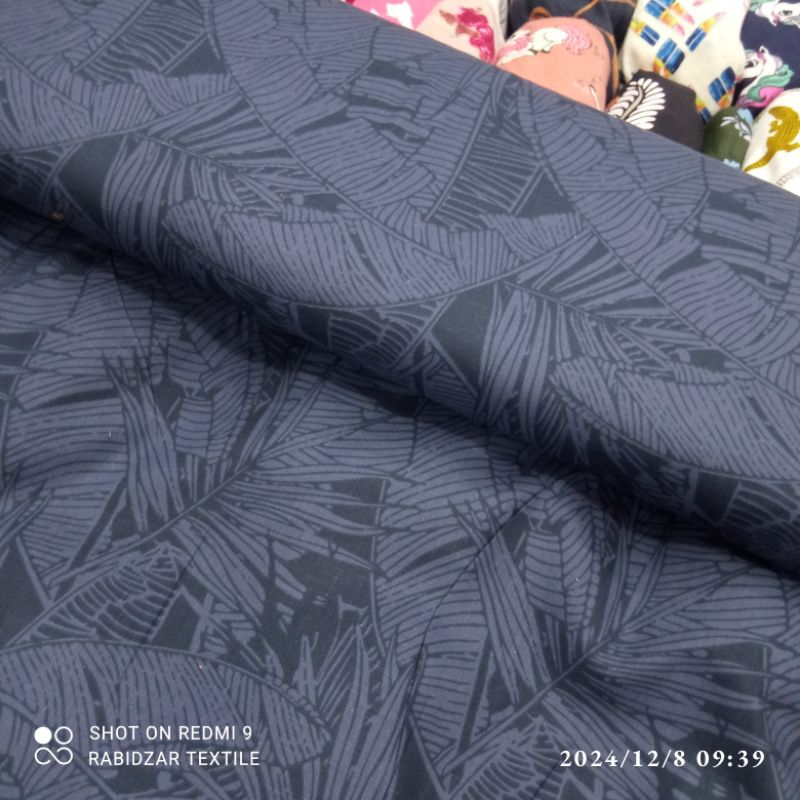Rabidzar Textile Kain Motif Daun Hitam serat linen grey