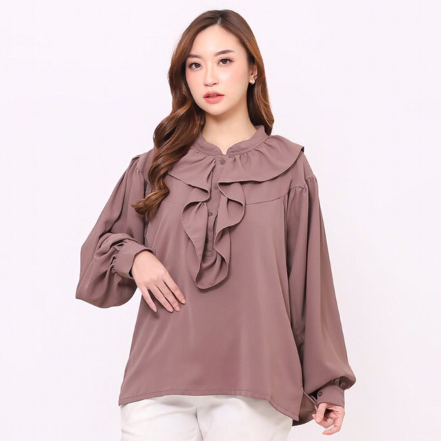TALLU - Iris Ruffled Shirt Taupe - Kemeja Kerah Ruffle Wanita Taupe