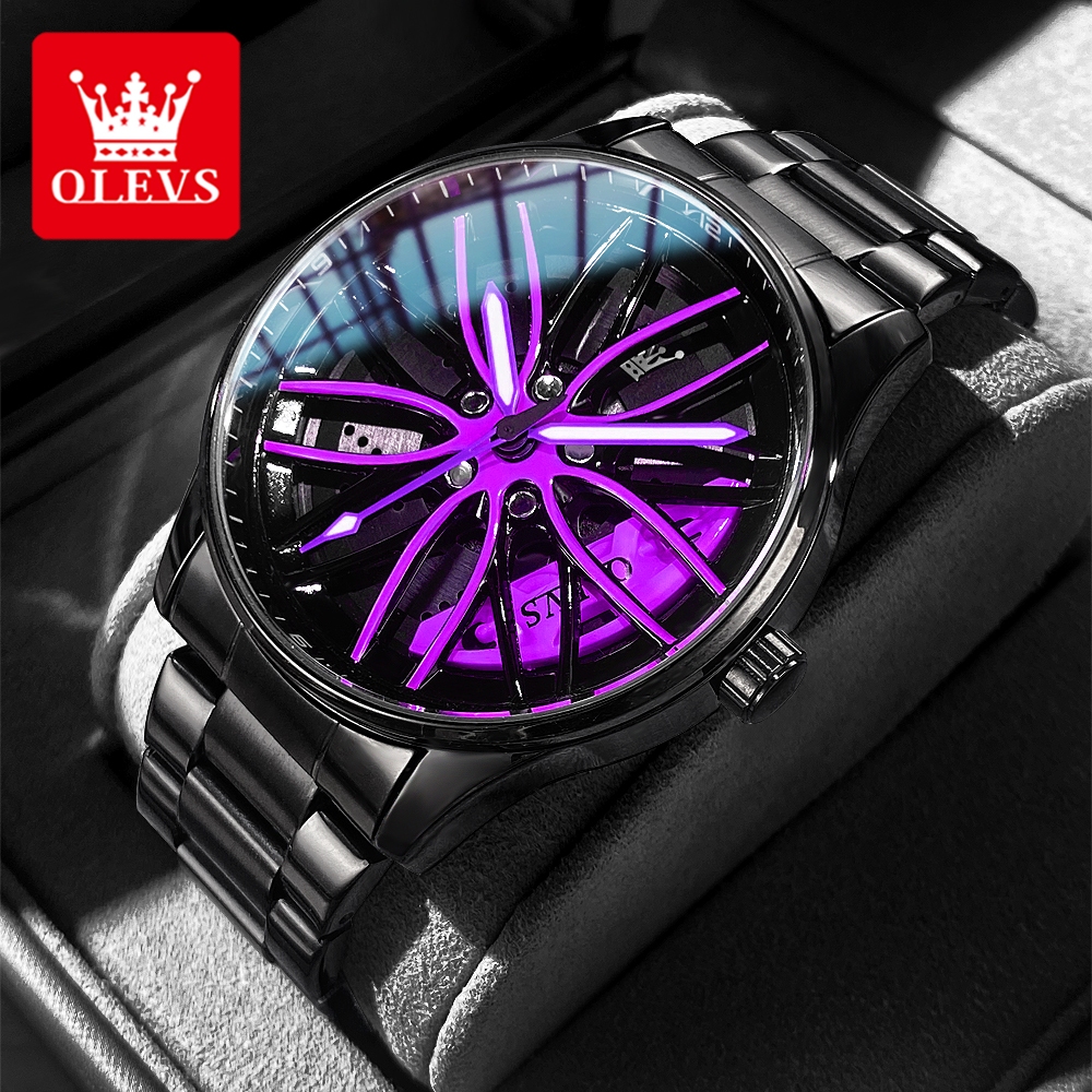 OLEVS Jam Tangan Pria Anti Air Original Luminous Rotating Fashion Terbaru Ungu Merah Watch 9937