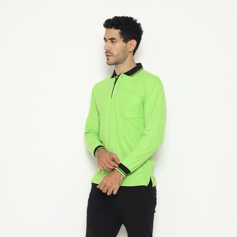 KAOS POLO SHIRT - LENGAN PANJANG - HIJAU STABILO - KERAH HITAM - SAKU