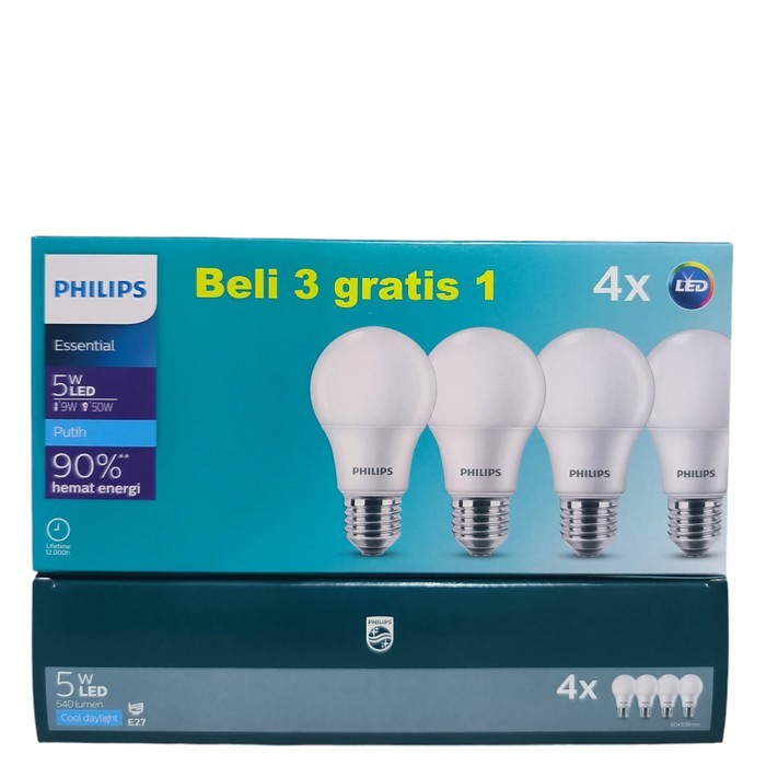 PAKET ISI 4PCS PHILIPS ESSENTIAL LAMPU PUTIH BOHLAM LED 5 WATT SNI