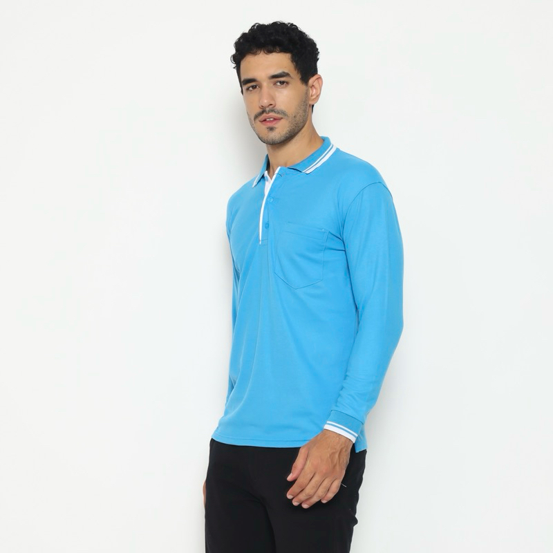 KAOS POLO SHIRT - LENGAN PANJANG - BIRU TURKIS - KERAH LIS PUTIH - SAKU