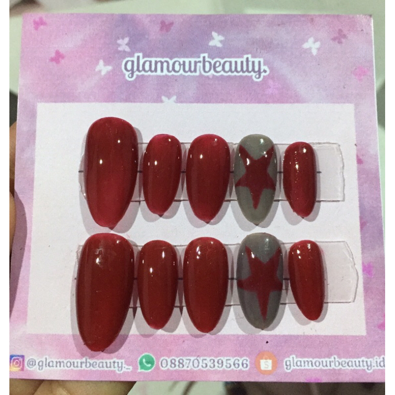 Kuku palsu / press on nails merah maroon 758 + Gratis lem kuku gel+alcohol pad (Ready warna lain)
