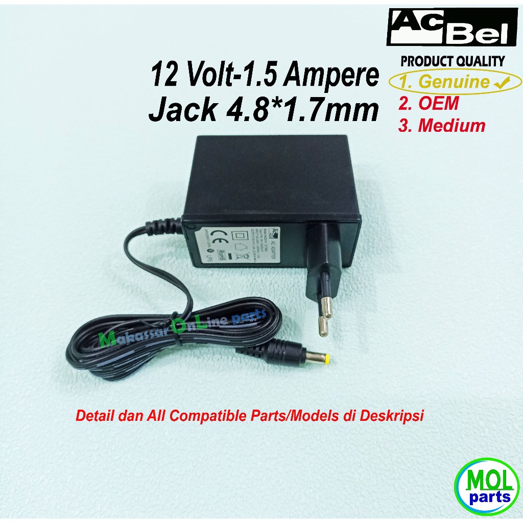 Adaptor 12V 1.5A 12 Volt 1.5 Ampere  jack sedang 4.8x1.7 AcBel genuine
