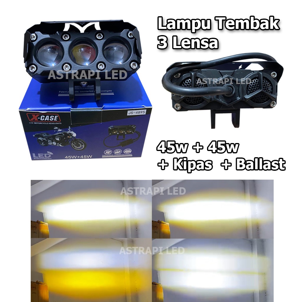 Lampu Tembak Sorot LED 3 Mata 45 Watt Motor dan Mobil Plus Kipas Dan Ballast Xcase