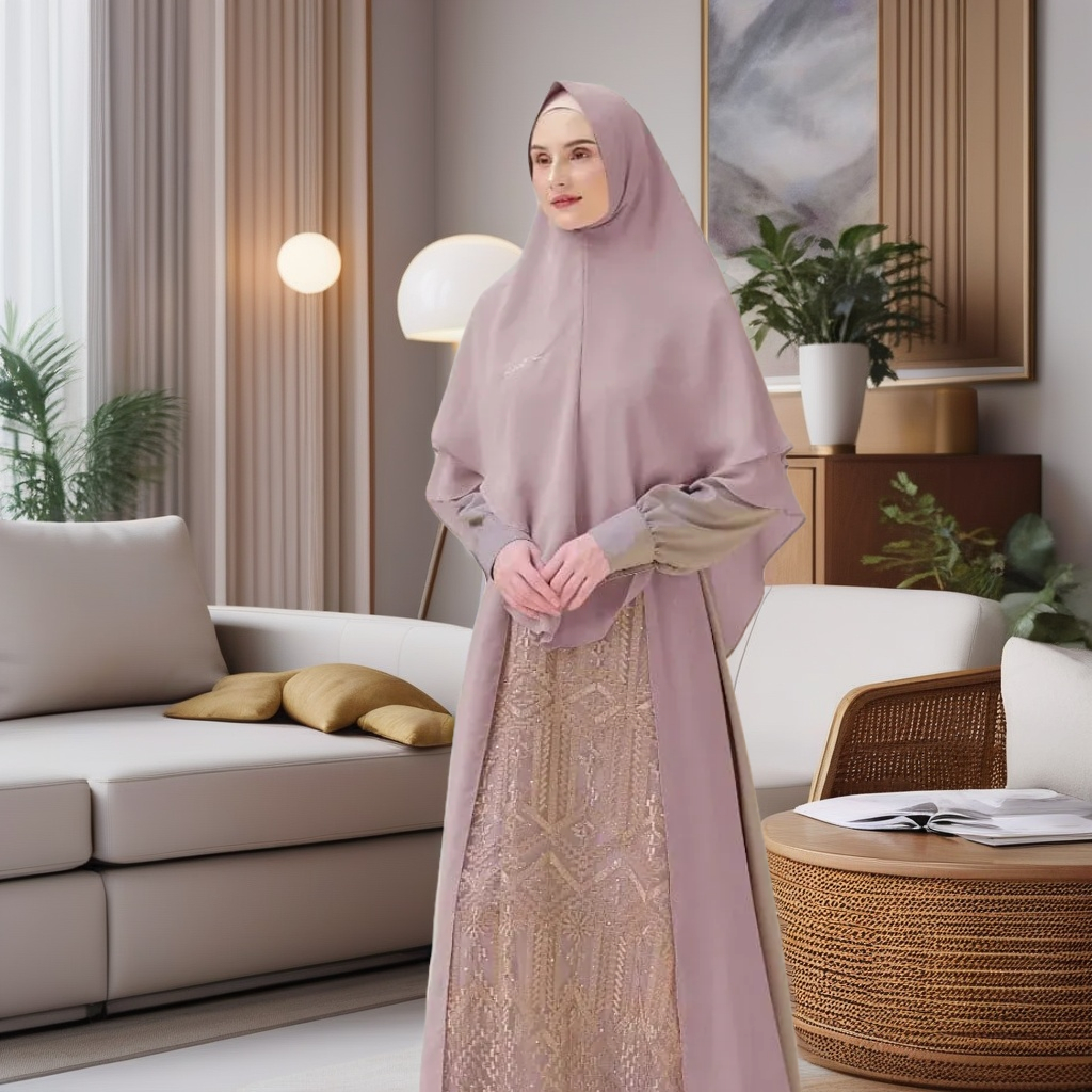 BAJU GAMIS HIJAB HAITWO PREMIUM KHADIJAH ROSE CHOCO / SET GAMIS HIJAB SYARI MEWAH & ELEGANT