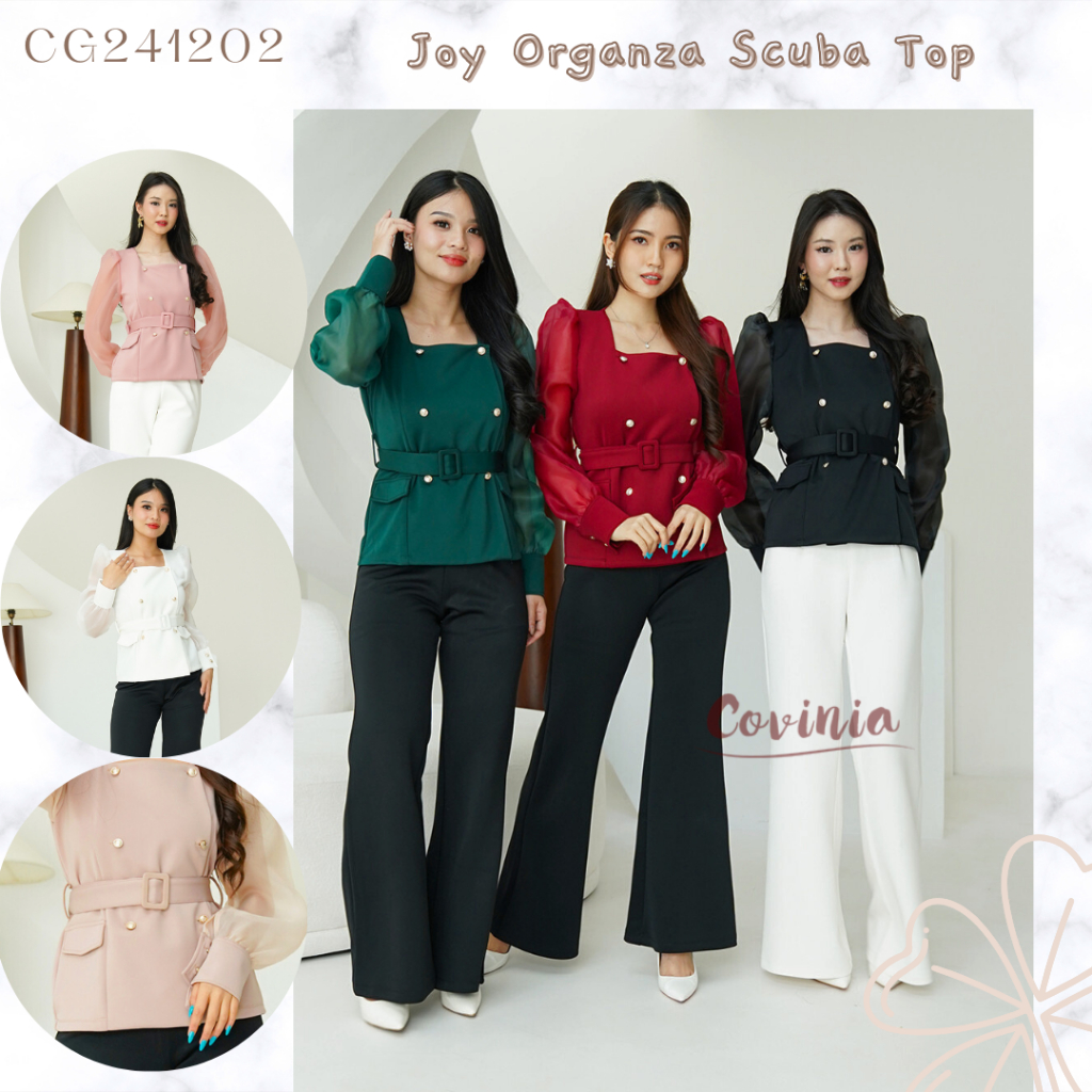 Joy Organza Scuba Top Atasan Lajoy Button Square Neck  - CG241202