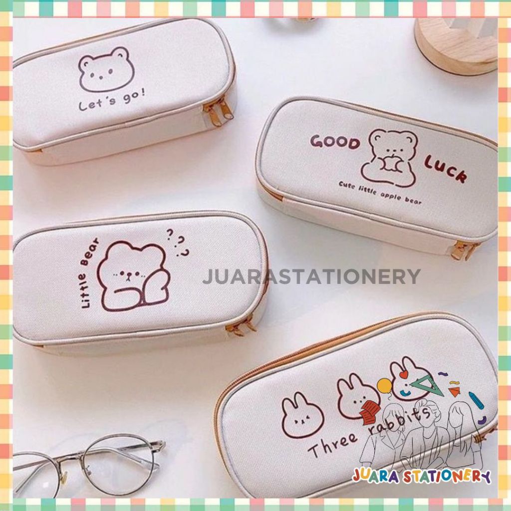 Tempat Pensil Bear Cartoon Kanvas Minimalis Aesthetic Korea Stationery / Tepak Pensil / Pencil Case 
