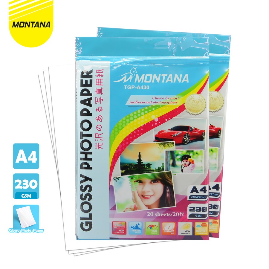 

[ PAK / 20 LBR ] MONTANA KERTAS FOTO GLOSSY A4 230 GSM