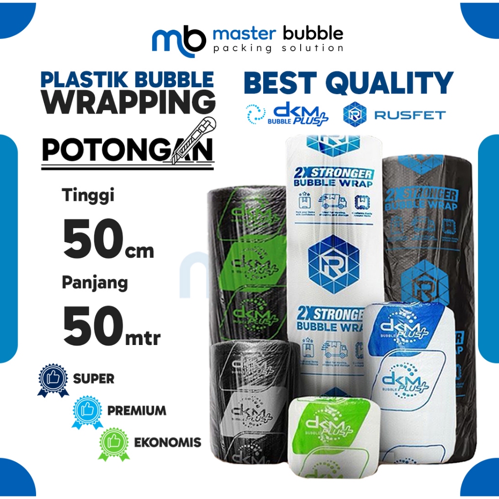 

Bubble Wrap DKM RUSFET Roll Potongan 50cm x 50meter Putih Bening & Hitam / Plastik packing Olshop