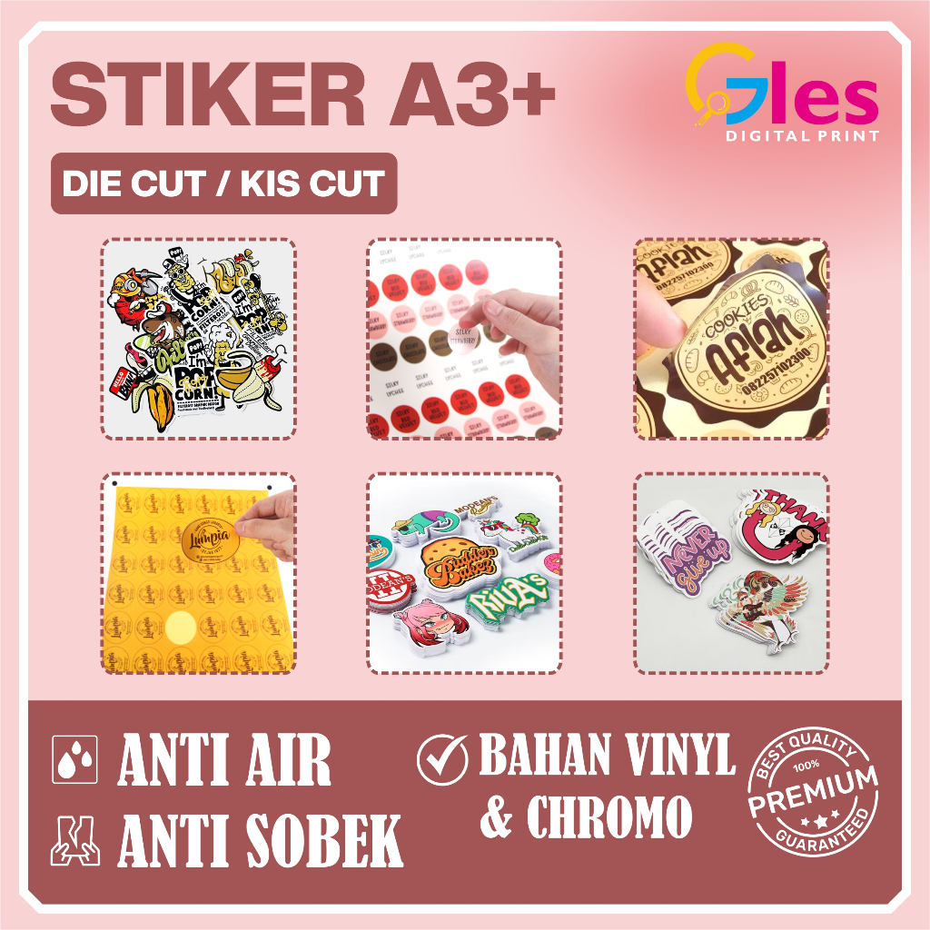 

Cetak Stiker Vnyl dan Chromo A3+ Cutting Die Cut / Kiss Cut Best Quality