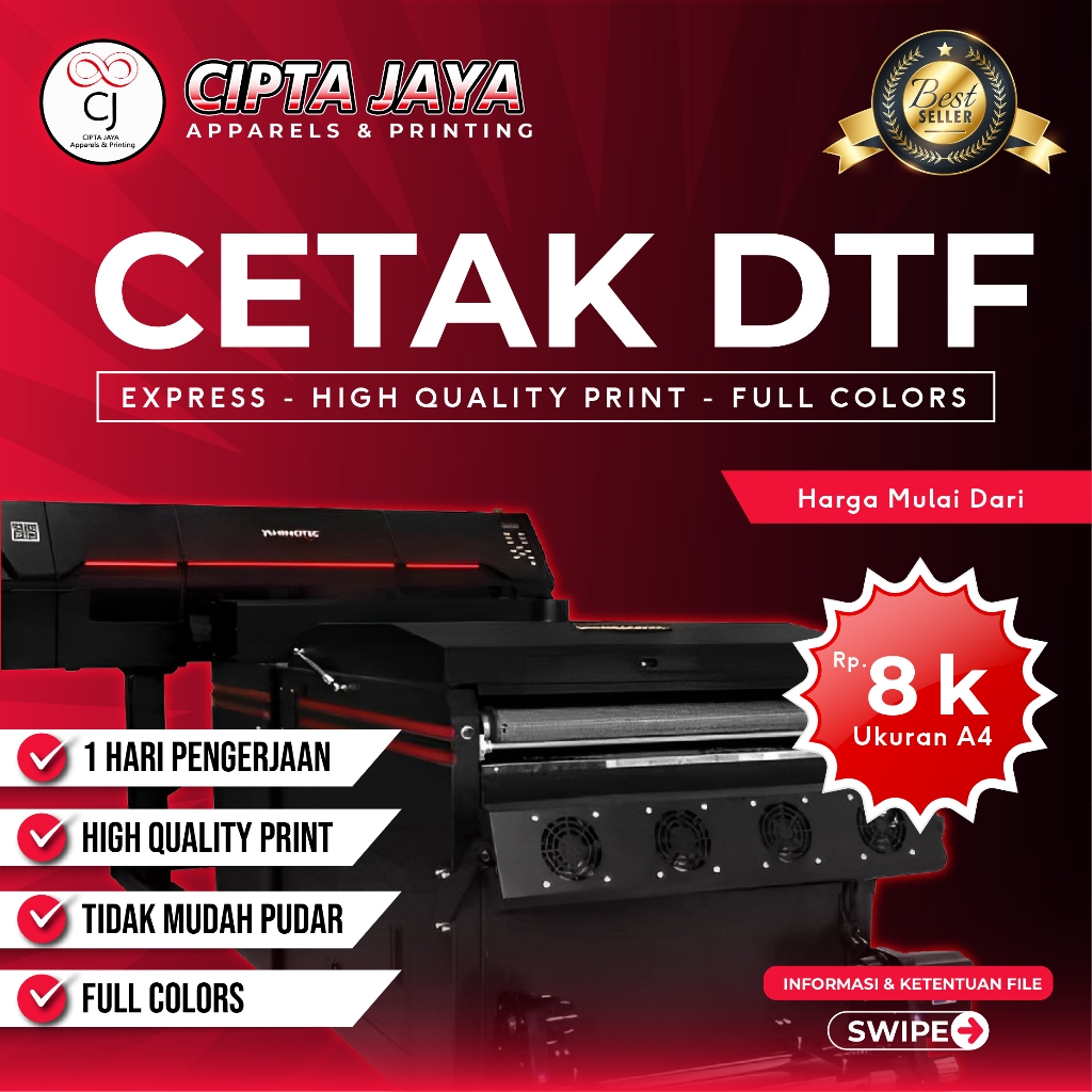 

Cetak Print DTF, Siap Press Ukuran A4 A3 1 METER 58x100 cm Express High Quality / Murah Berkualitas