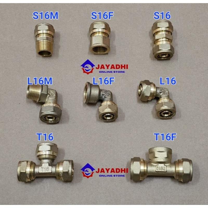 Pex Sambungan 16mm (1216) - Sok Shock / Knee L Elbow / Tee - Drat Luar / Dalam 1/2" - 16mm