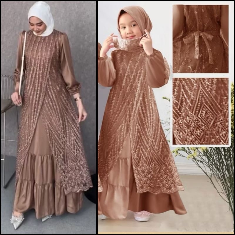 (NEW) ELINA DRESS - BAJU MAXY MAXI DRESS GAMIS BRUKAT BROKAT LAPIS FULL SATIN IBU ANAK WANITA DEWASA