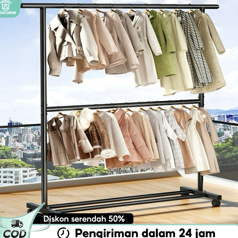 Paling Populer Rak Gantungan Baju 2 Susun Stand hanger Besi Gawang Baju Portable Jemuran Pakaian aes